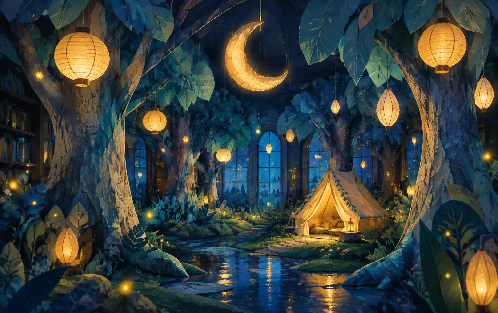 Gouache painting of an imagined indoor forest at dusk with paper lanterns and a glowing tent