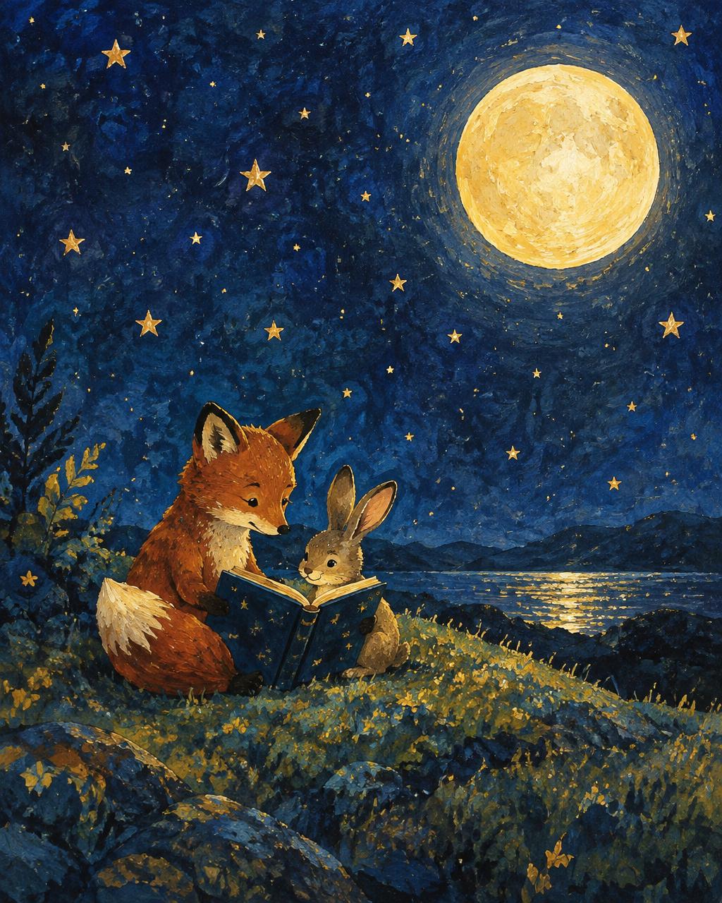 Storybook painting of a fox and a rabbit reading together beneath a full moon