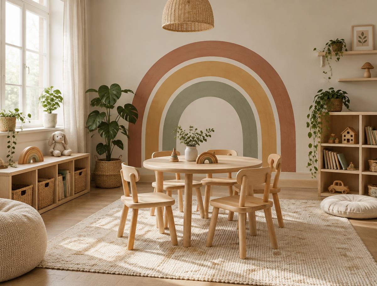 Imagined mood: a calm playroom with a painted rainbow arch and small wooden chairs