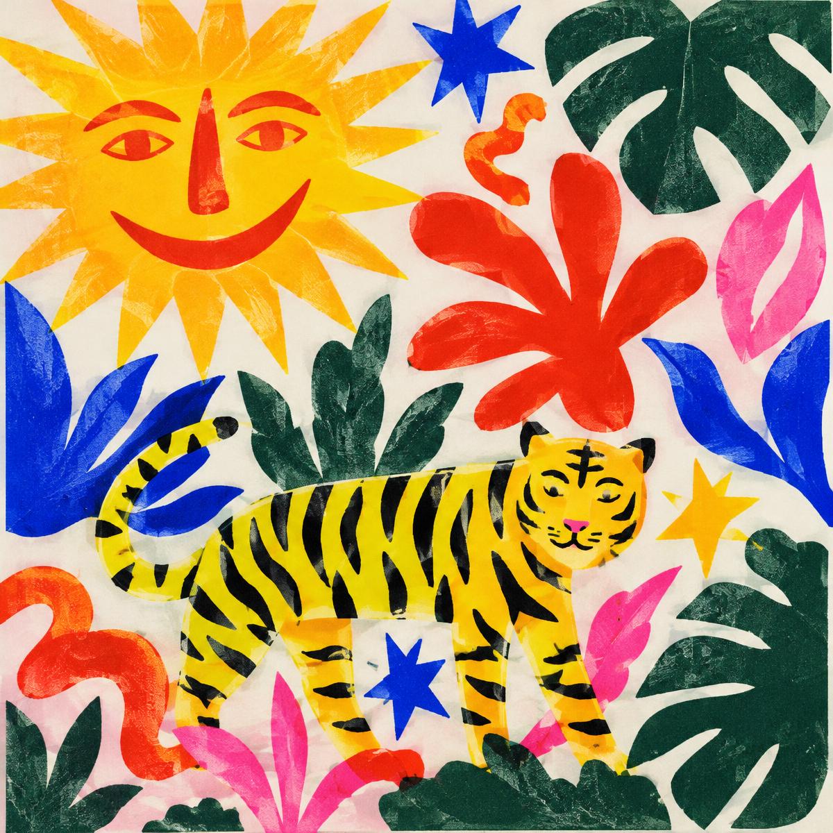 Cut-paper collage of a smiling sun, a tiger and jungle leaves