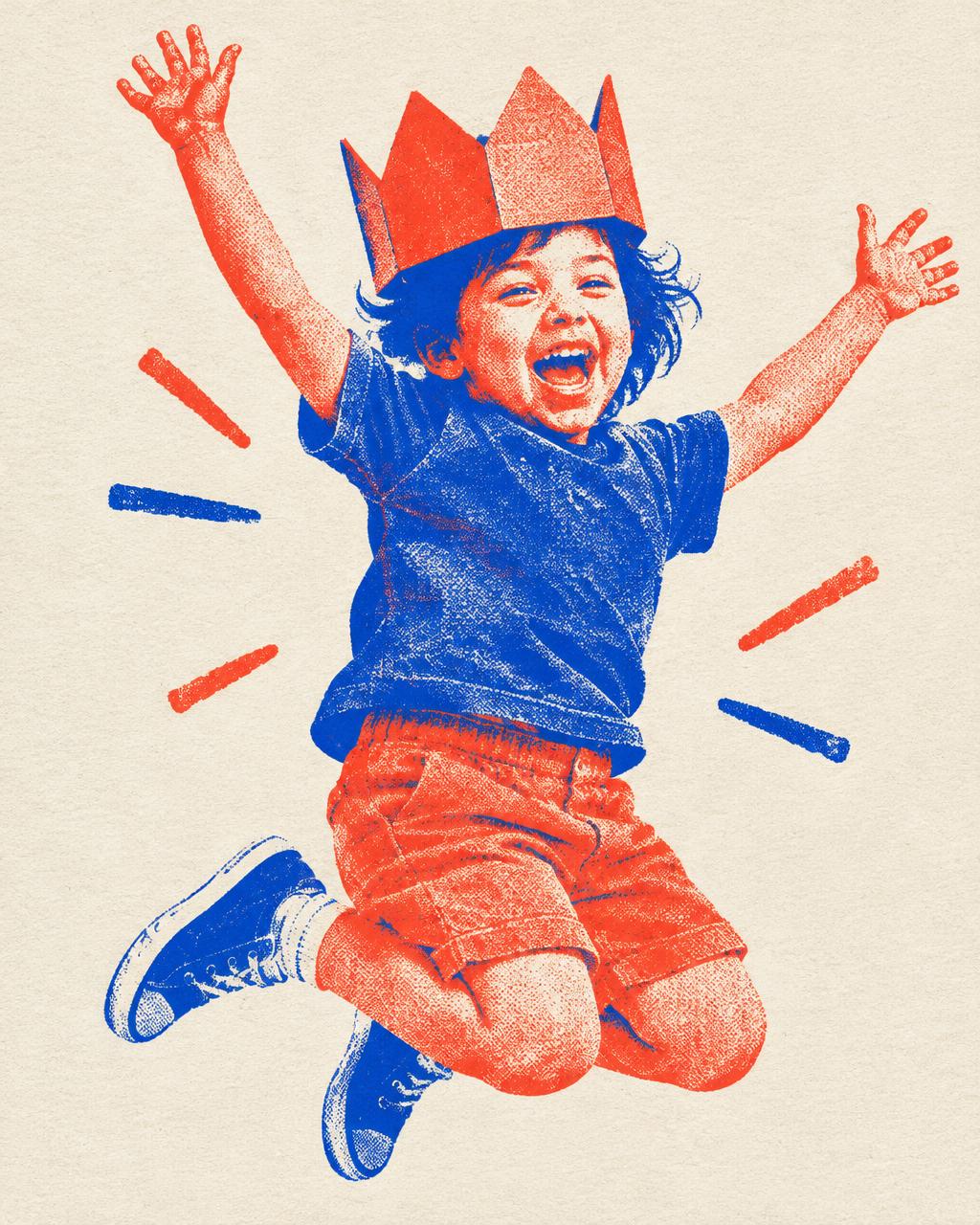 Riso-print illustration of a child jumping in a paper crown